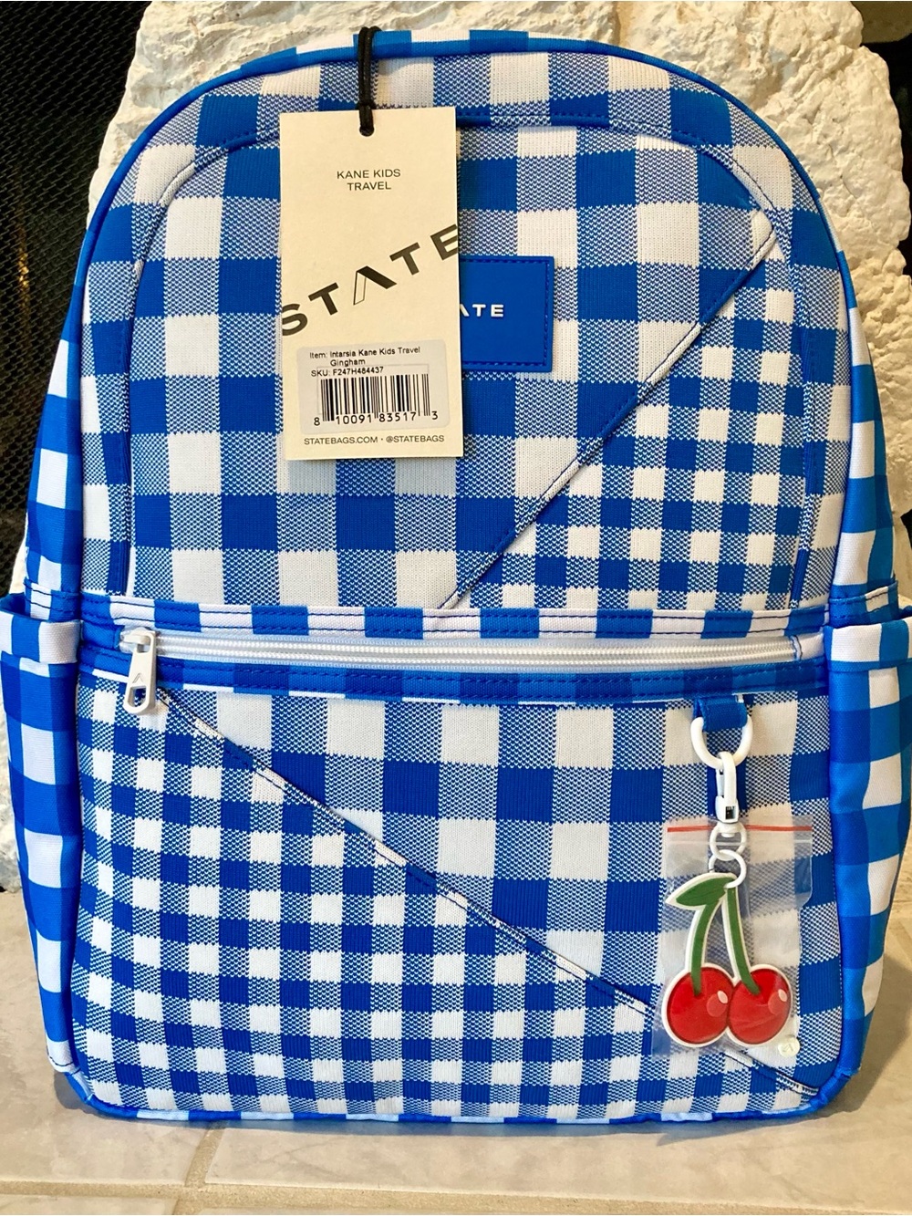 NWT STATE Intarsia Kane Kids Travel Gingham Blue Spring School Backpack W/CHARM